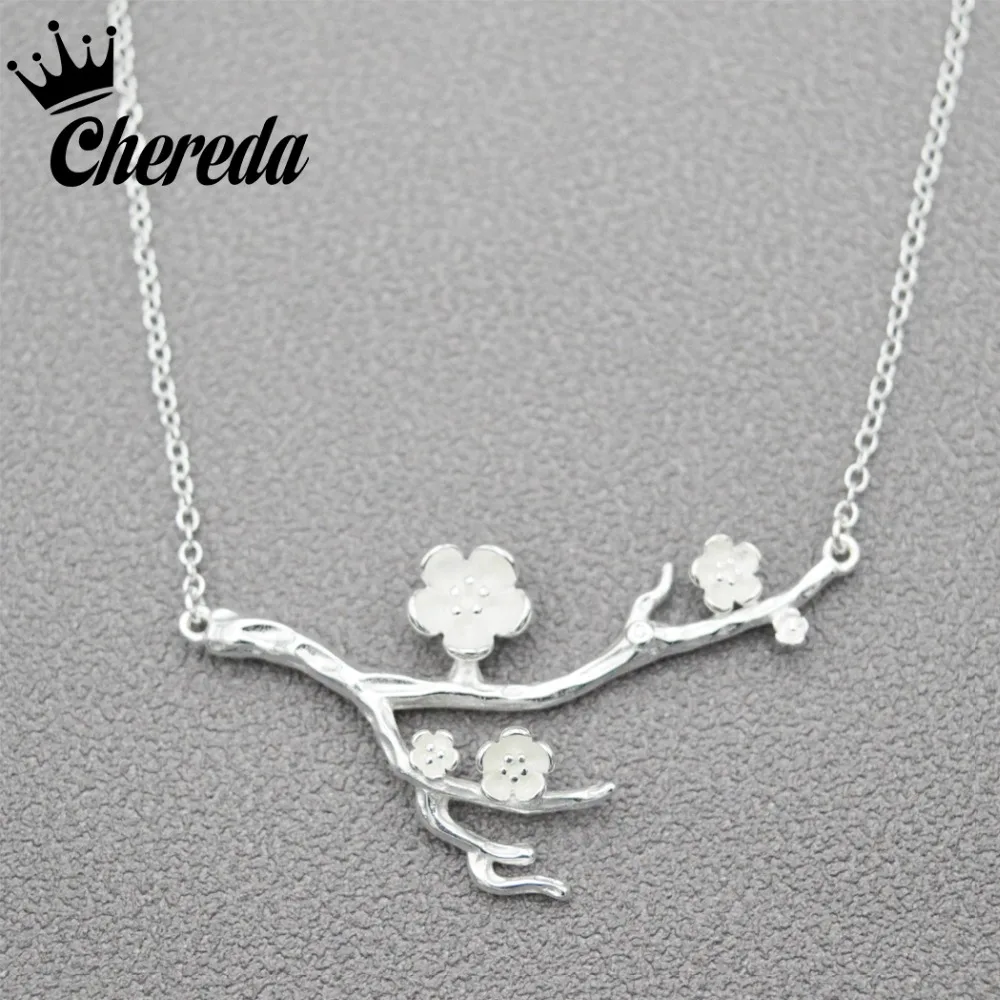 

Chereda 925 Sterling Silver Cherry Blossom Necklace Fashion Summer Jewelry Branch Flowers Necklaces & Pendants For Women Gift