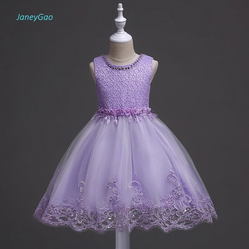 JaneyGao Платья с цветочным узором для девочек бисером элегантный фиолетовый цвет аппликациями кружево Новая мода свадебн