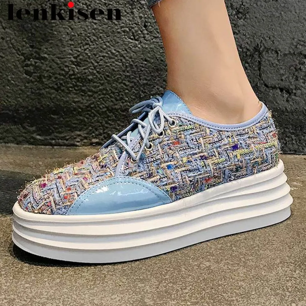 

Lenkisen mixed colors vintage square toe lae up thick med bottom platform cow leather patchwork sneakers vulcanized shoes L6f5