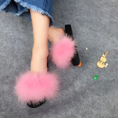 Coolsa/летние женские шлепанцы со страусиными перьями; шлепанцы с пушистым искусственным мехом; Домашние вьетнамки на плоской подошве; разноцветная пикантная обувь для вечеринок - Цвет: Pink