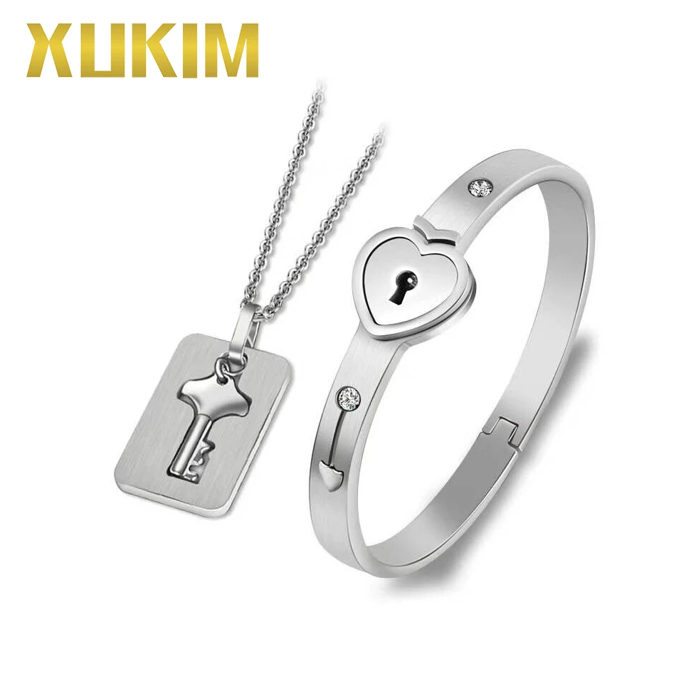 

Xukim Jewelry Stainless Steel Key Necklace Bangle Lock Couple Jewelry