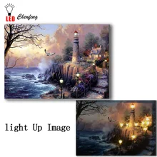 Светодиодный светильник на холсте с изображением домика, морской пейзаж, настенный светильник на холсте, картина маслом, настенный светильник