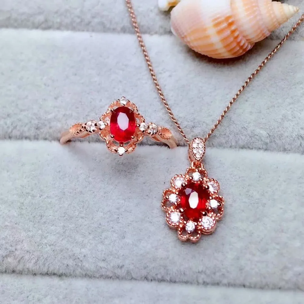 

shilovem Natural New Burning Pigeon Blood Ruby Gemstone pendants Rings for Women Real 925 Sterling Silver Fine new mtz0406122agh