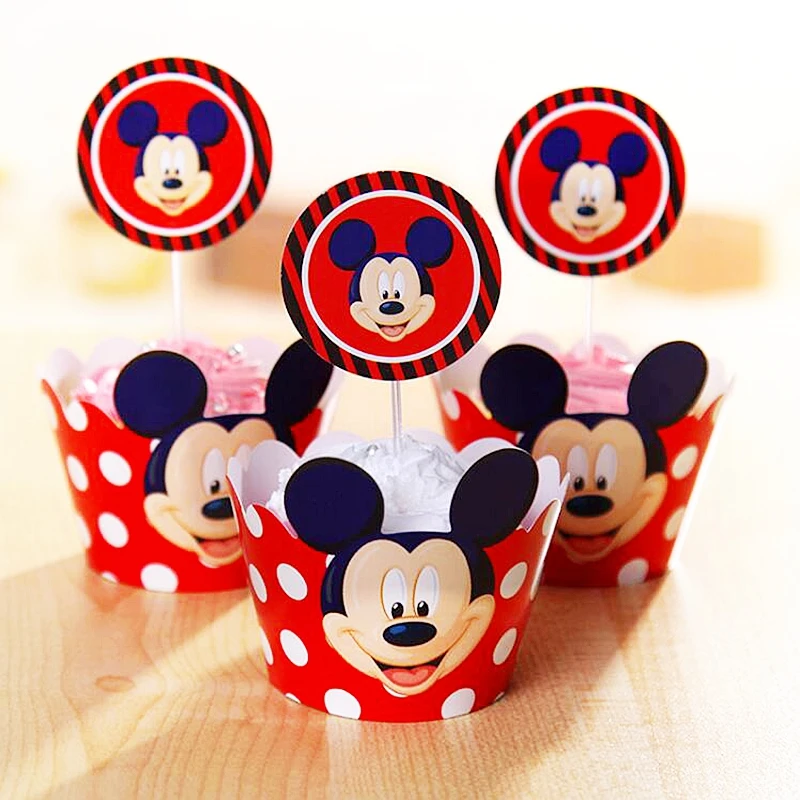 

24pcs=12 Sets Mickey Mouse Minnie Cupcake Wrappers Cake Toppers Picks Baptism Girl Boy Birthday Party Decoration for weddings