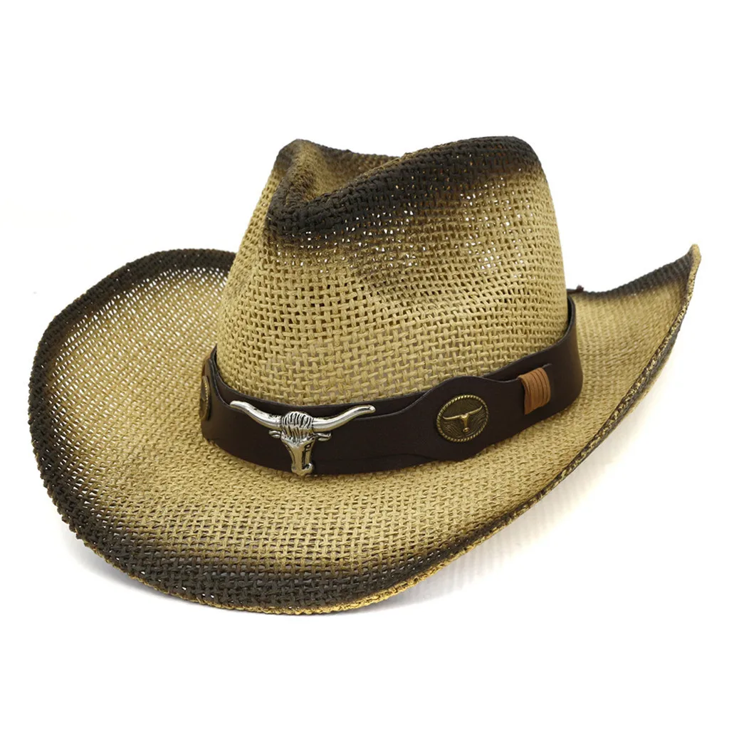 Women Straw Western Cowboy Hat For Summer Men Lady Cowgirl Sombrero Hombre Caps With Handmade Embroidery Hats#Zer - Цвет: Khaki