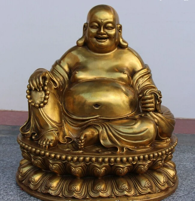 

bir 006368 16" Chinese Bronze Seat Happy Laugh Maitreya Buddha Hold Money Bag Statue