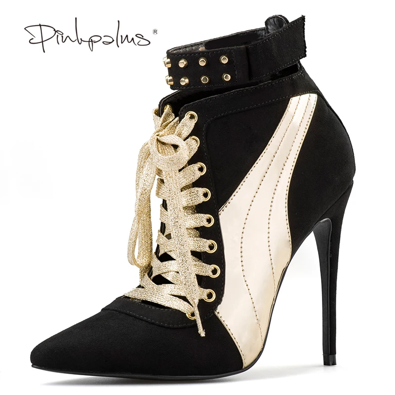 

Brand Pink Palms Women Winter Boots Black and Gold Lace Up Ankle Boots for Women High Heel Pointed Toe Women Boots