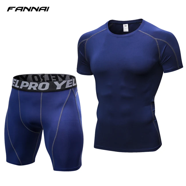 Компрессионная Мужская облегающая Спортивная одежда для фитнеса и бега, быстросохнущая футболка с коротким рукавом+ шорты - Цвет: nave blue
