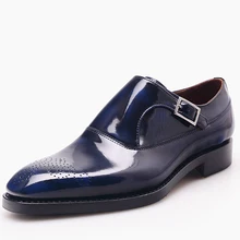 Luxury shops custom mens goodyear welted shoes dark blue patent leather shoes for men italian hand mens single monk strap shoes