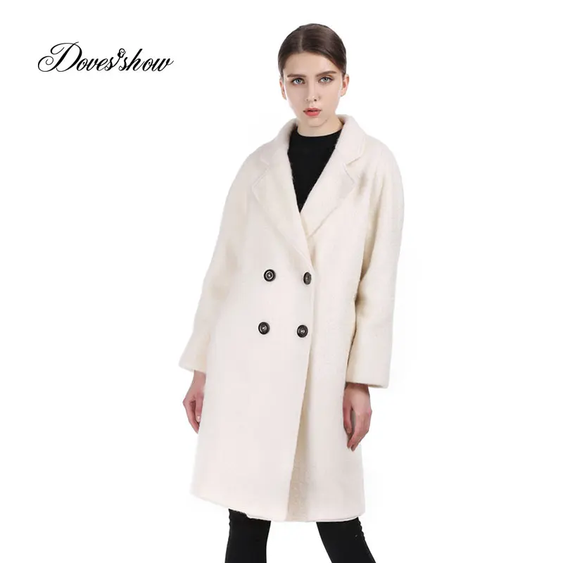 Women Beige Long Double Breasted Cashmere Coat 2017 New Woolen Coat