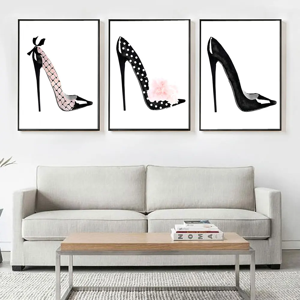

Fashion Black High Heel Shoes Posters and Prints Nordic Style Decor for Home Picture on The Wall Metal Organic Glass Frame