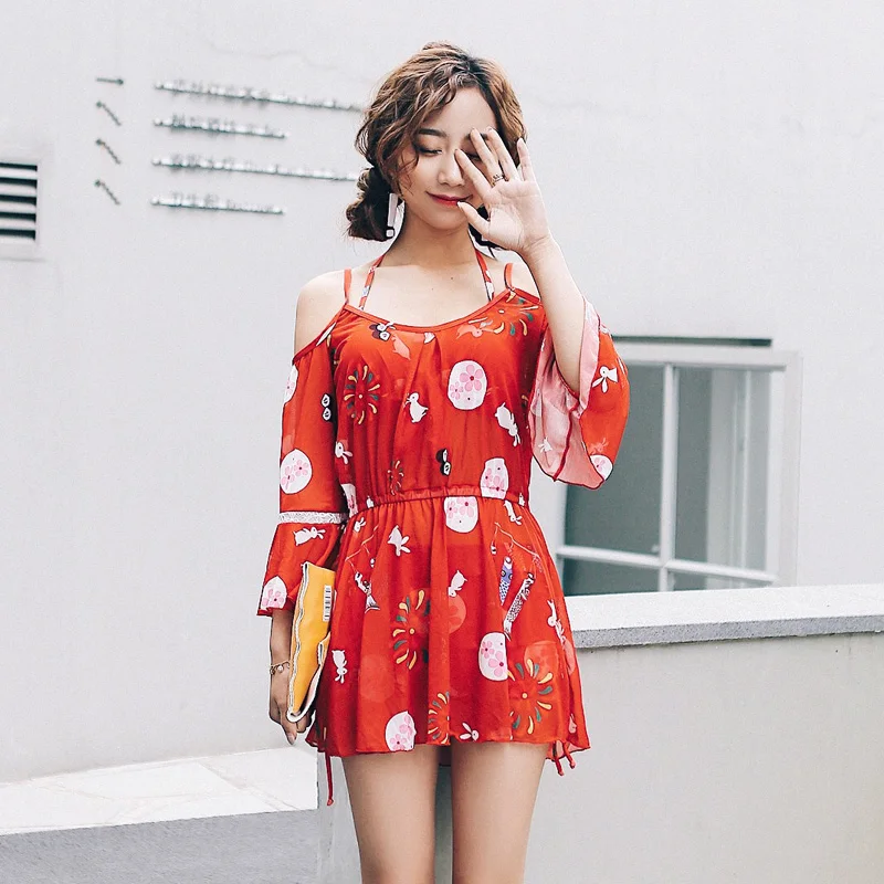 

New red print Sunscreen Three-piece swimsuit Sexy Push Up bikini swimwear Beach high waist Flat pants women's swimming suit
