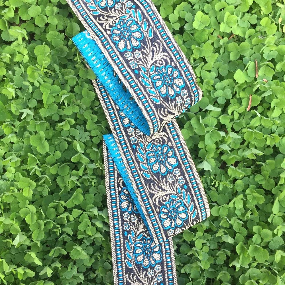 

ZERZEEMOOY 2" 5cm 10yard/lot High Quality Woven Jacquard Ribbon Black Background Blue Flowers Pattern Straps And Belt Lace