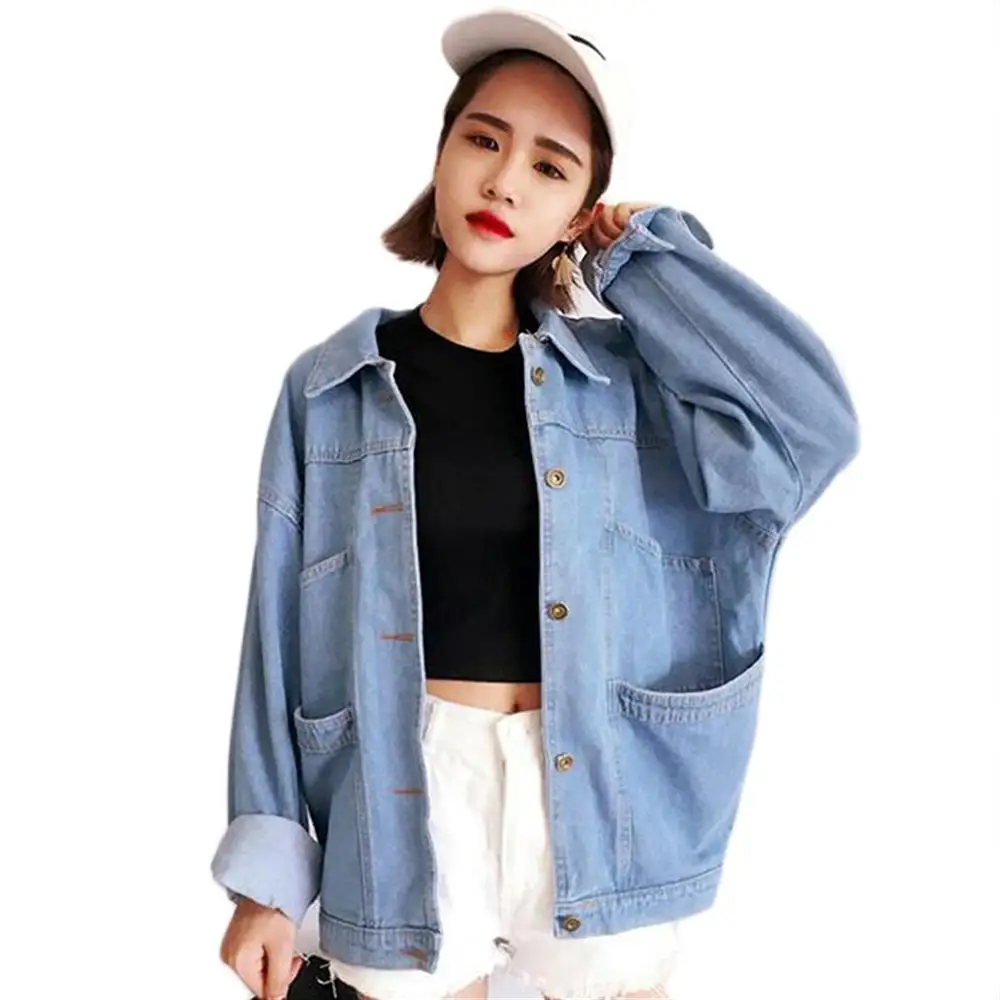 New Arrived Loose Long Sleeves Turn Down Collar Coat Women Casual Denim