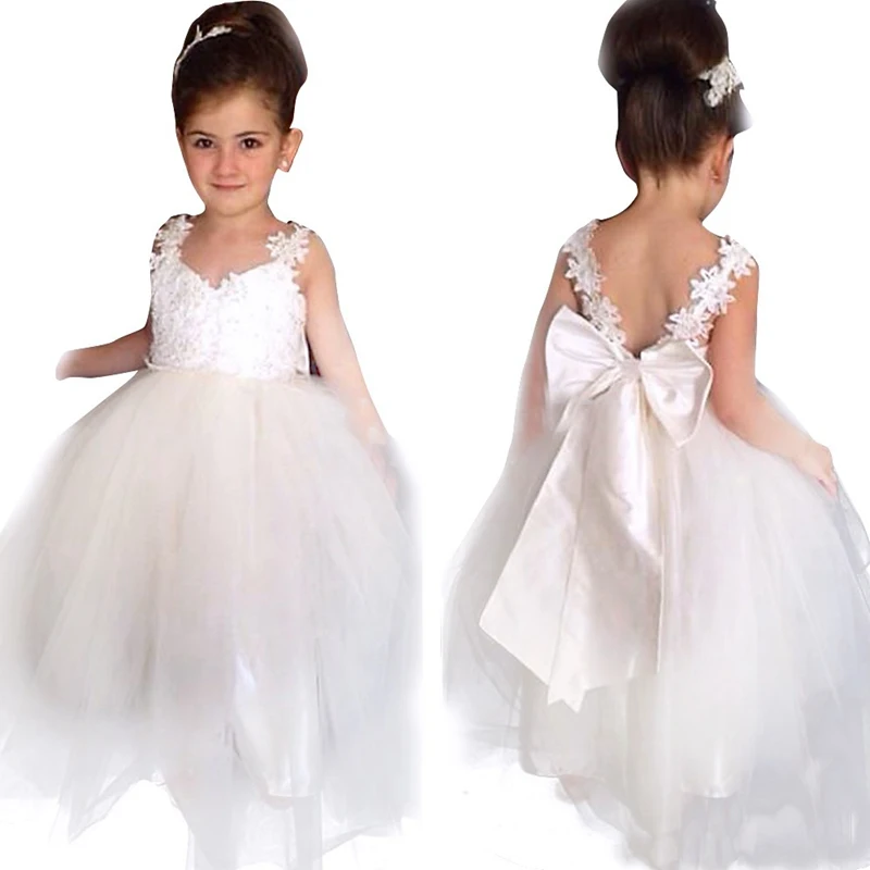 

White New Style Kids Girls floral lace Dress Straps Backless crochet Big Bow flowers v-neck gorgeous Cloth for 12 14 Years Girl