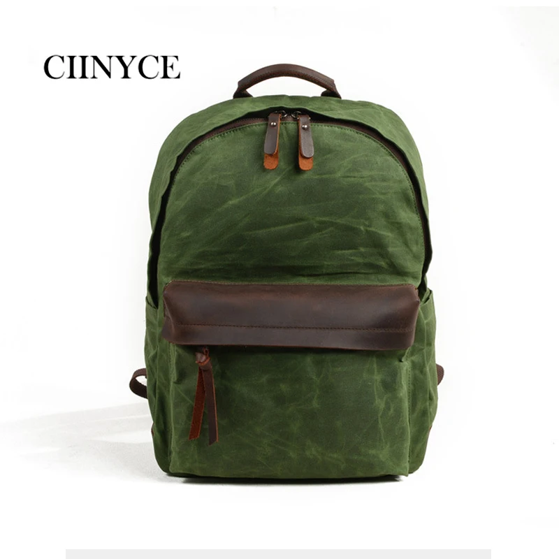 

Men Large Capacity Travel Back pack Waterproof Oil Wax Canvas Laptop Backpack Vintage College Style Casual Youth School Bags