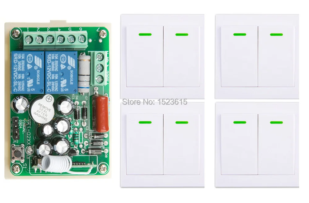 

New AC220V 2CH Wireless Remote Control Switch System Receiver + 4*Wall Panel Remote Transmitter Sticky Remote Smart Home Switch
