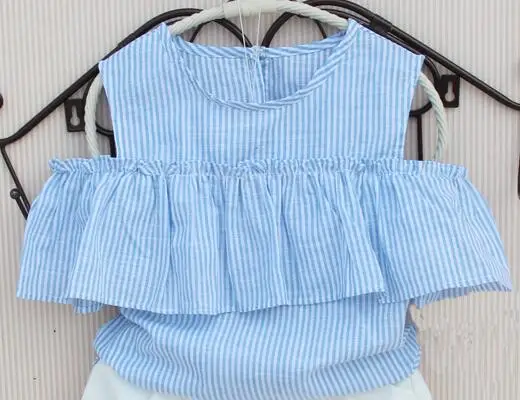Г. Летняя блузка для маленьких девочек-подростков хлопковые топы и блузки в полоску с оборками и открытыми плечами для девочек, рубашки для детей, AA2342 - Цвет: Синий