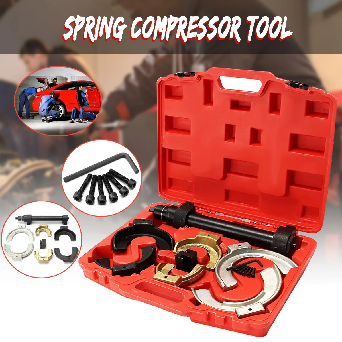

Spring Compressor Dumper 1000kg Strut System Coil Clamp Tool Set Tuning Kit Car The red and blue boxes are random