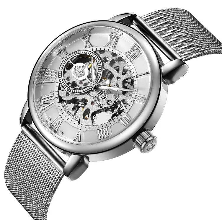 Мужские часы, автоматические механические часы, мужские роскошные брендовые модные часы с полым циферблатом, повседневные Серебристые часы из нержавеющей стали - Цвет: silver white