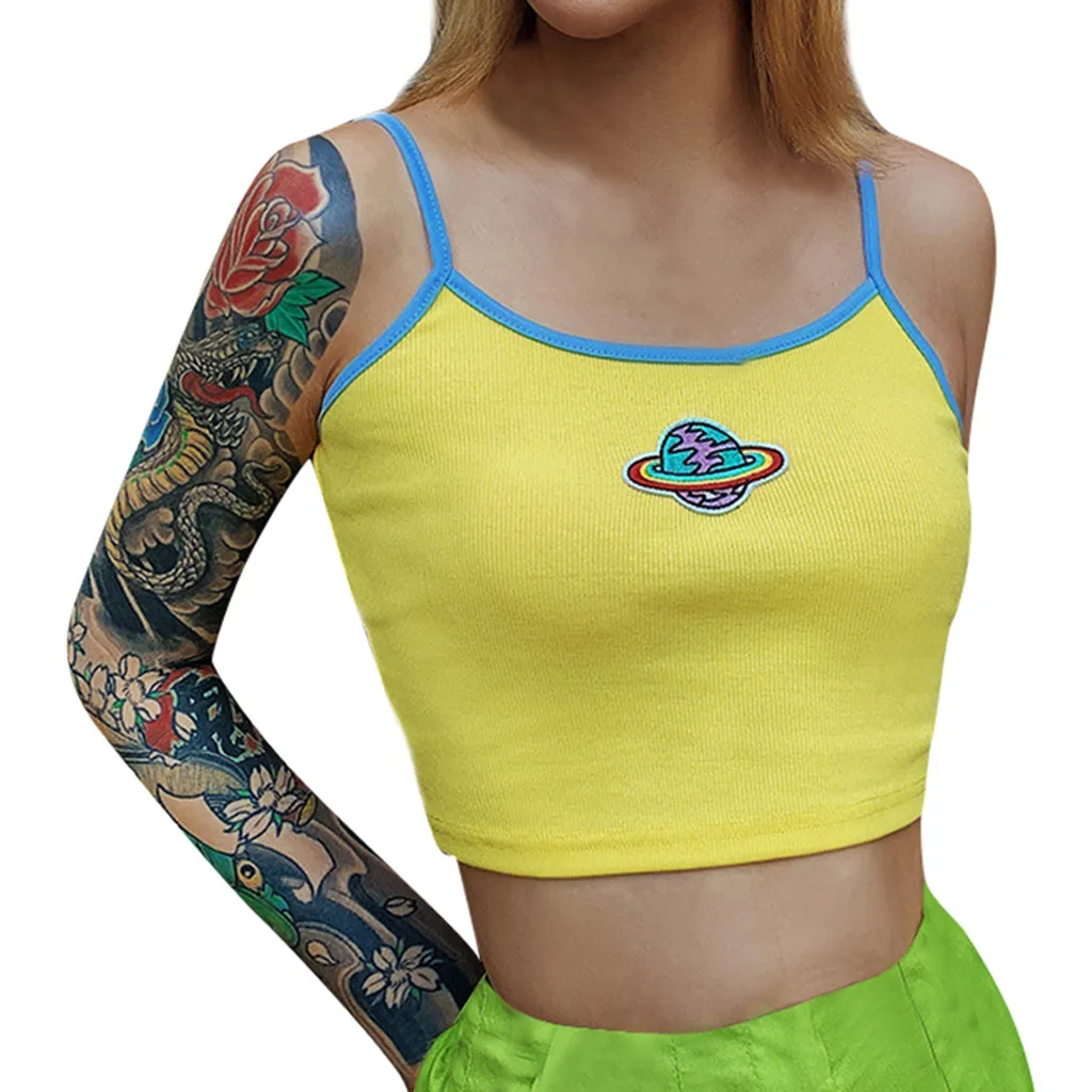 

Women Sexy Embroidery Sleeveless Slim Fit Vest Top Crop Tops