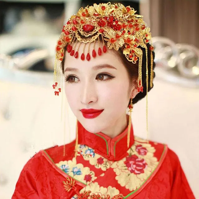 Vintage Chinese Hair Styles Classical Jewelry Traditional Bridal Headdress Wedding Red Hair