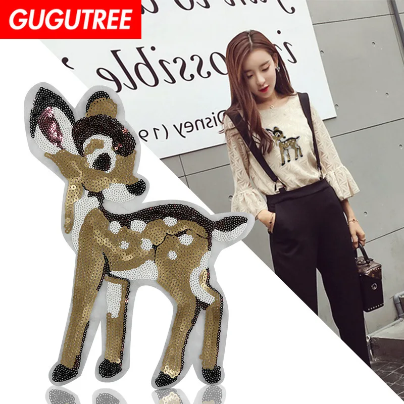 

GUGUTREE embroidery big deer patches animal patches badges applique patches for clothing XC-44