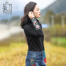 LZJN черная женская футболка водолазка цветок вышивка с длинными рукавами Топы весна Мори футболка в этническом стиле Базовая рубашка уличная