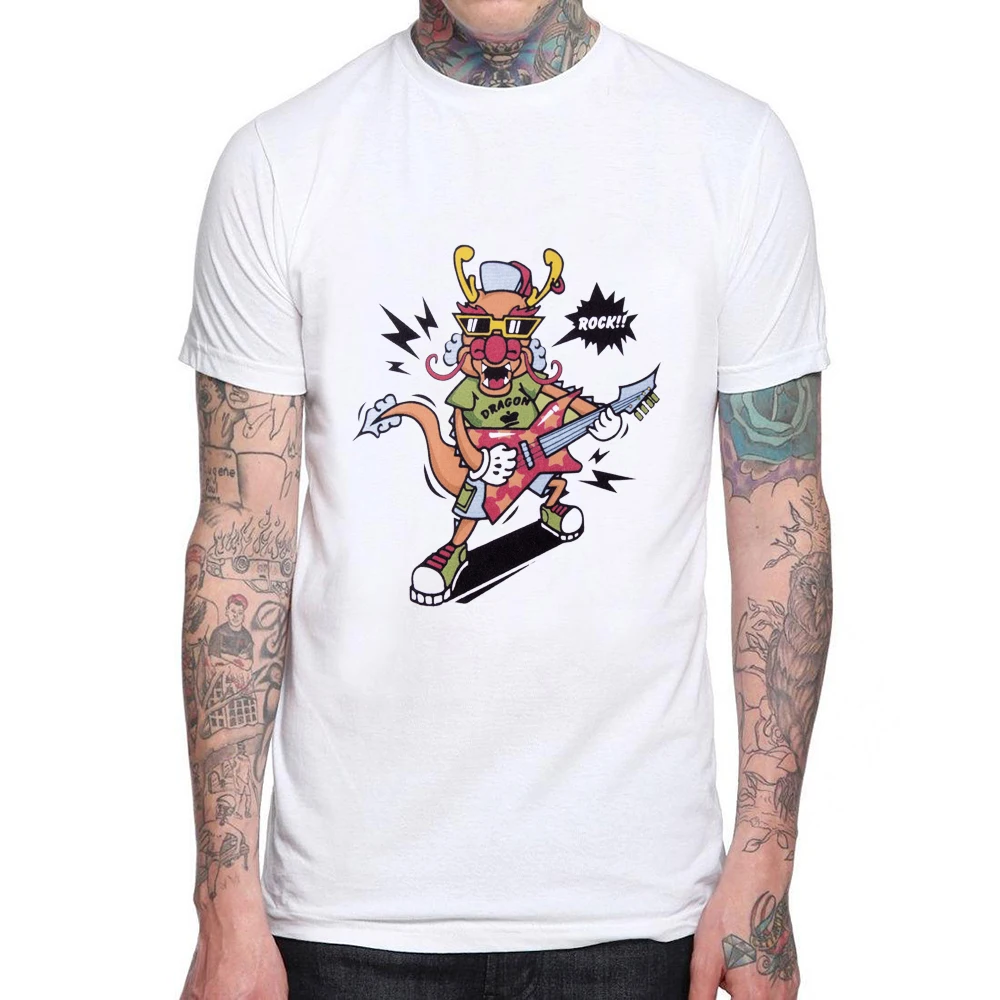 

New Design Men T-Shirt 100% Cotton Cartoon Guitarist Print Heavy Metal Rock Hip Hop Mens Clothing White Short Funny Man T Shirts