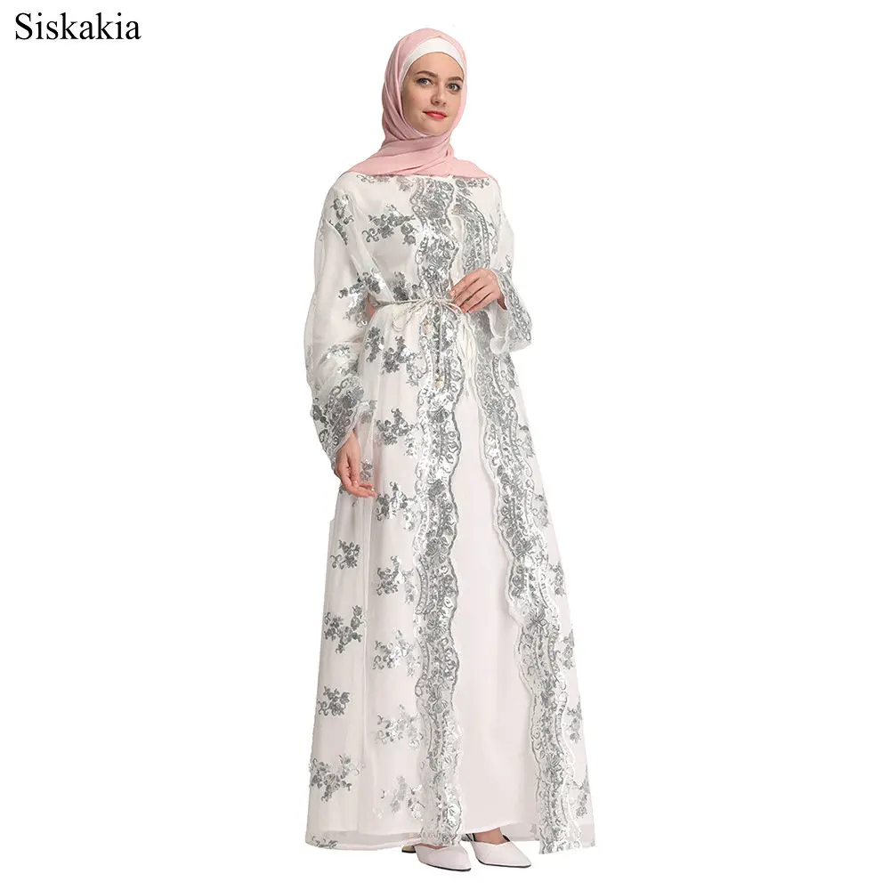 Siskakia Muslim Elegant Lace Sequin Mesh Cardigan Robe Abaya Ramadan Women Hook Flower Hollow Out Sashes Party Clothing 2019  (6)