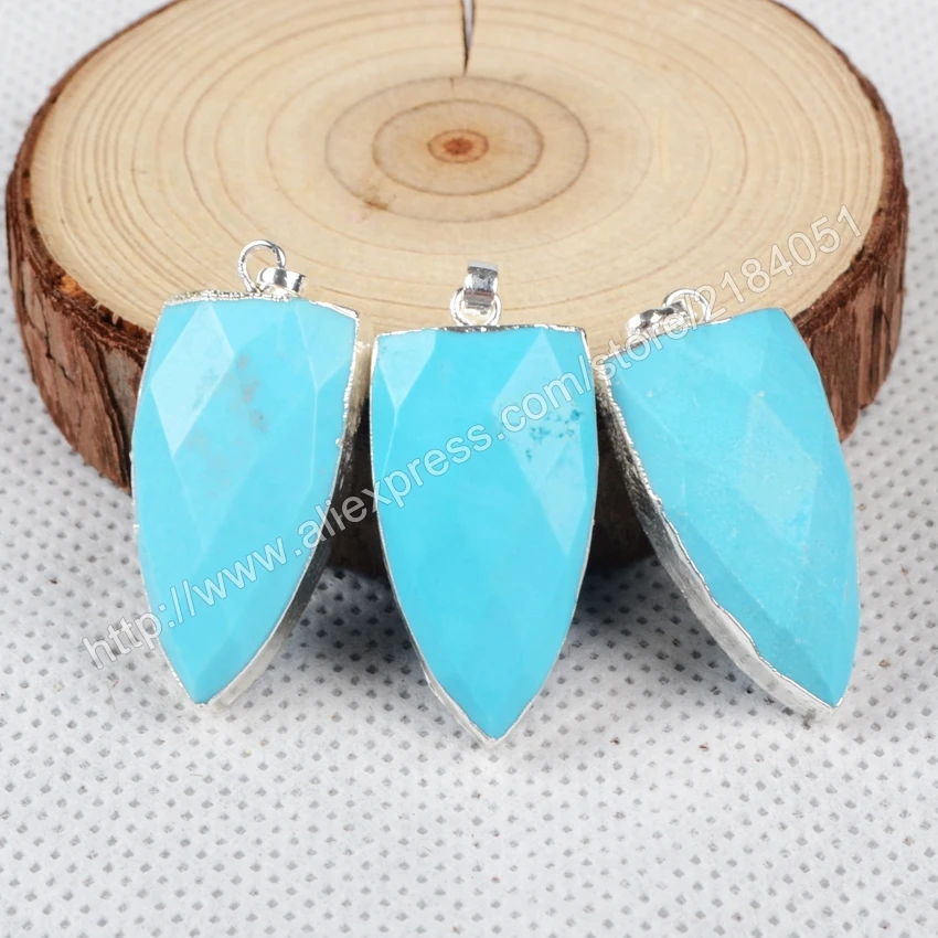Shield Shape Faceted Blue Howlite Turquoise Silver Plated Necklace Pendant Beads Making Jewelry S0870