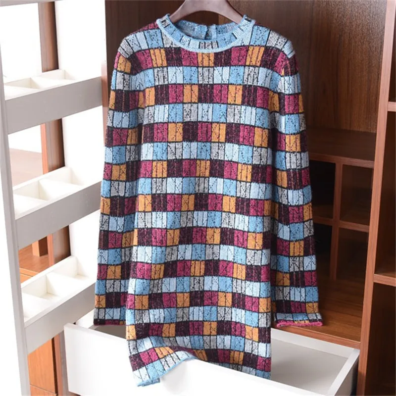 new arrival wool acrylic blend patchwork plaid knit women Oneck mid long pullover sweater M retail wholesale | Женская одежда