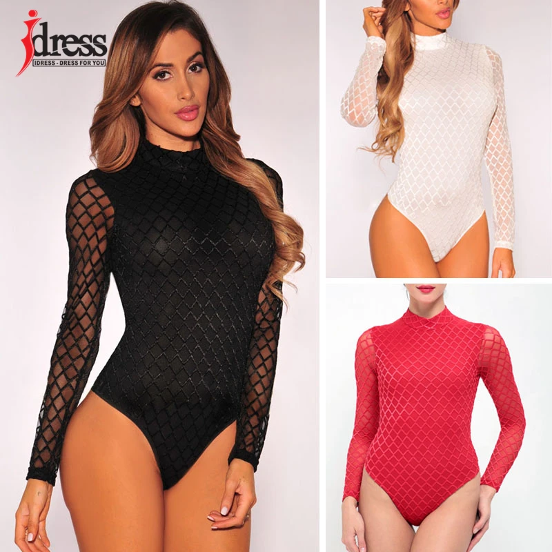 

IDress Free Shipping M L Casual Sheer Mesh Bodysuit Turneck Long Sleeve Playsuit Women Vestido De Festa Sexy Hollow Out Overalls