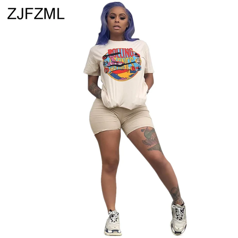 

Summer 2 Piece Outfit For Women Letter Print Short Sleeve T Shirt And Skinny Short Suit Casual Two Piece Tracksuit Matching Set