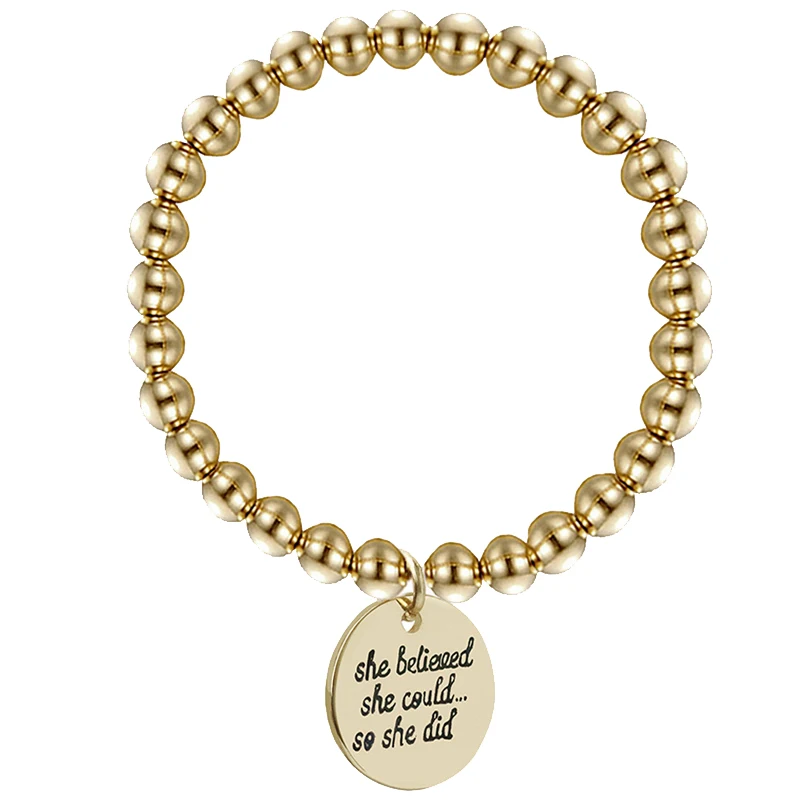 

Positive Inspirational Disc Bracelet Gold Stainless Steel Bead Engraved Bracelets For Femme Expandable Motivational Jewelry 2018