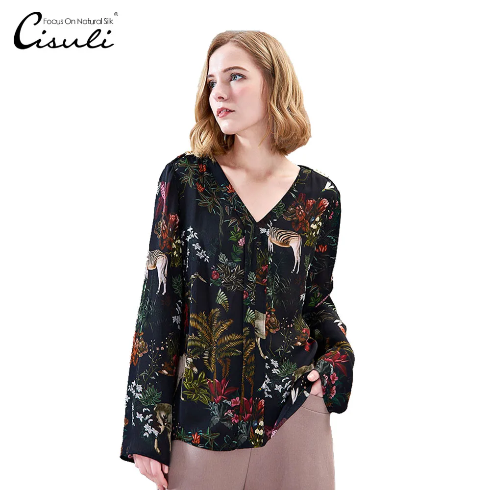 

CISULI 100% Mulberry Silk Shirt Animal Printed Women Shirts Vintage Summer Shirt With Long Sleeve