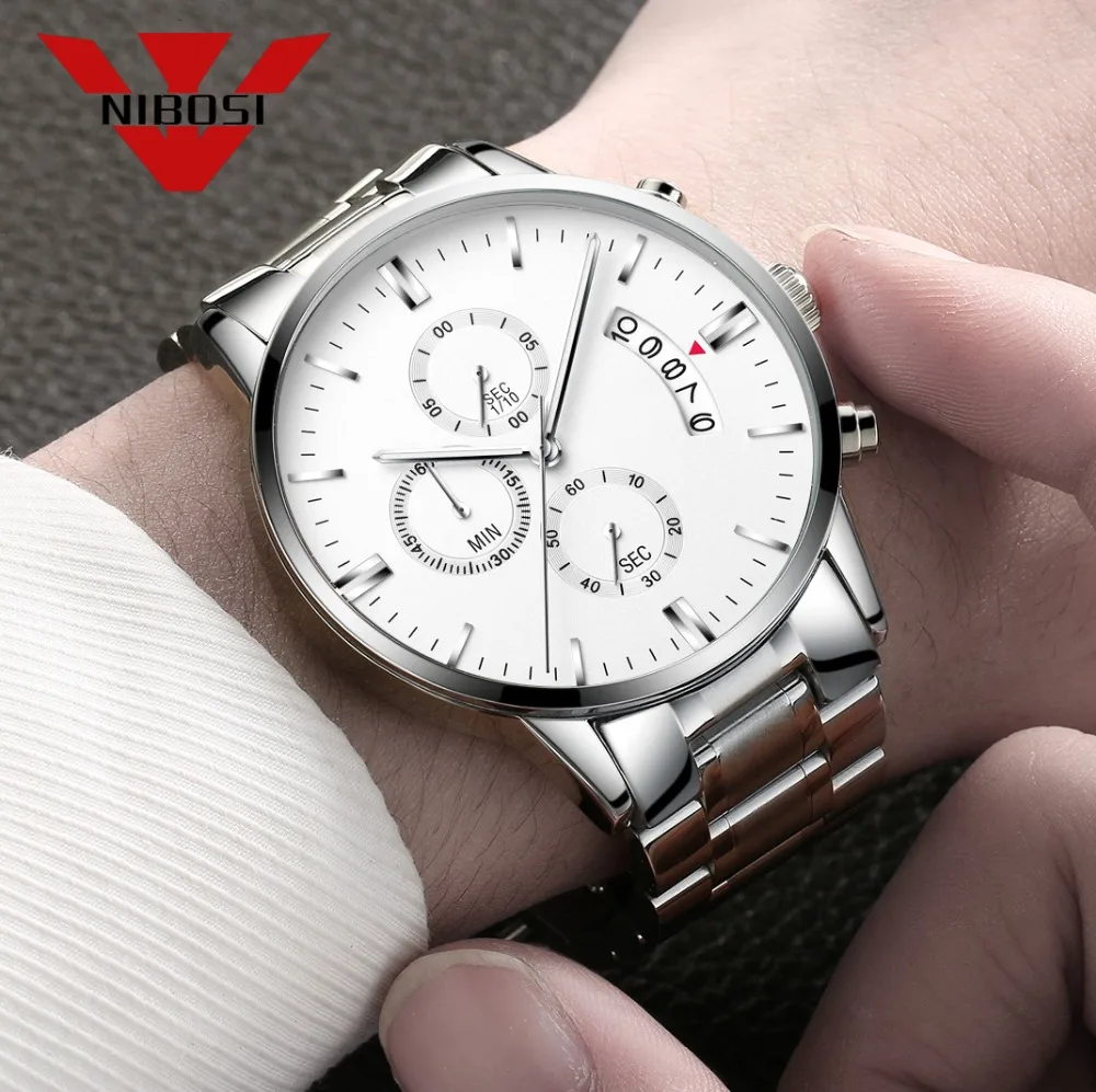 NIBOSI часы мужские Relogio Masculino роскошные известный бренд Для мужчин Щепка белый наручные часы Водонепроницаемый часы кварцевые best часы для Для мужчин