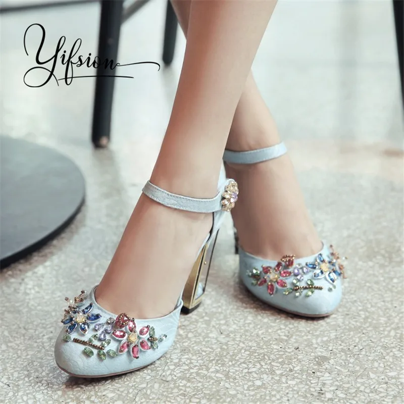

OLOME New Fashion Spring Summer Black Women Pumps Shoes Round Toe Crystal Chunky High Heel Ladies Pumps Party Shoes Woman
