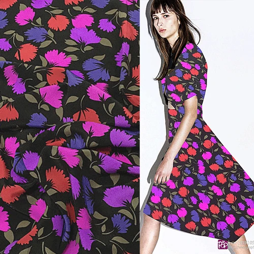 

Deep Red blue and purple floral print 100% silk Crepe DE chine fabric 16momme 110cm width by yard,SCDC341