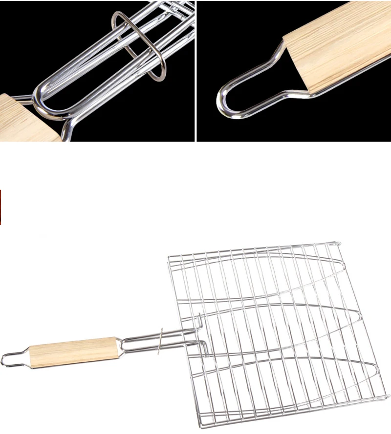 Kitchen Groups Steel Non-Stick Coating Grill Net Barbecue Grilling Fish Rack Barbecue Tool With Wood Handle