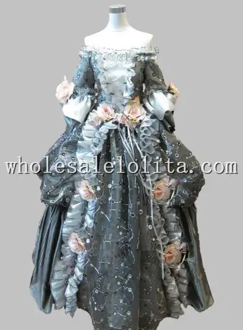

17 18th Century Gray Floral Marie Antoinette Off the Shoulder Baroque Rococo Halloween Costume Dress
