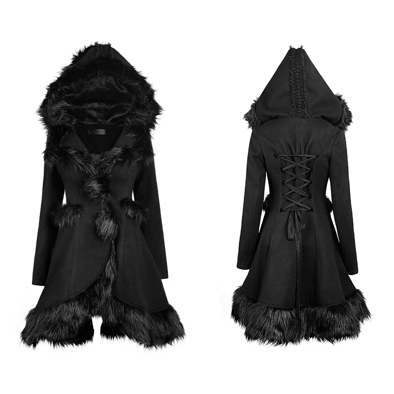 Gothic Lolita Stijl Hooded Bontjassen Voor Vrouwen Steampunk Herfst Winter Modieuze Zwarte Lange Mouw Warm Lange Jassen Bovenkleding Gothic Lolita Stijl Hooded Bontjassen Voor Vrouwen Steampunk Herfst Winter Modieuze Zwarte Lange Mouw Warm Lange Jassen Bovenkleding