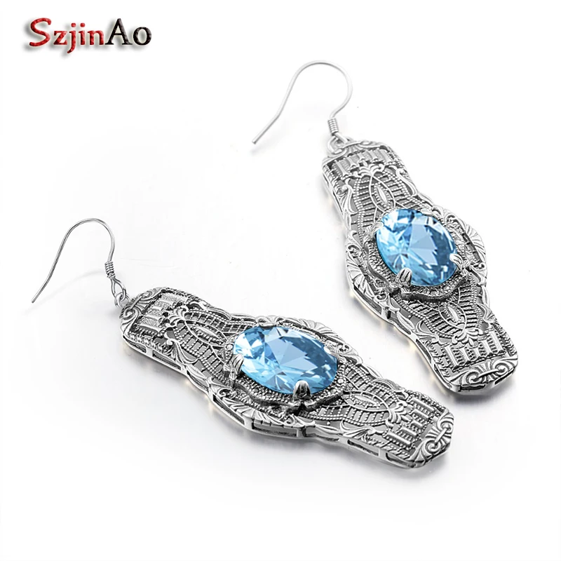 

Szjinao 925 Sterling Silver Earrings Fashion Retro Oval Aquamarine Hollow Out Drop Earrings Women Jewelry Wholesale Hot Sale