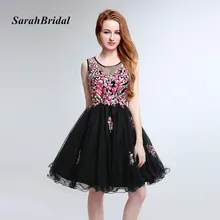 Embroidery Flower Prom Dresses Short 2017 Puffy Party Gowns Floral Black Evening Dresses Couture Vestido De Baile Curto LX201