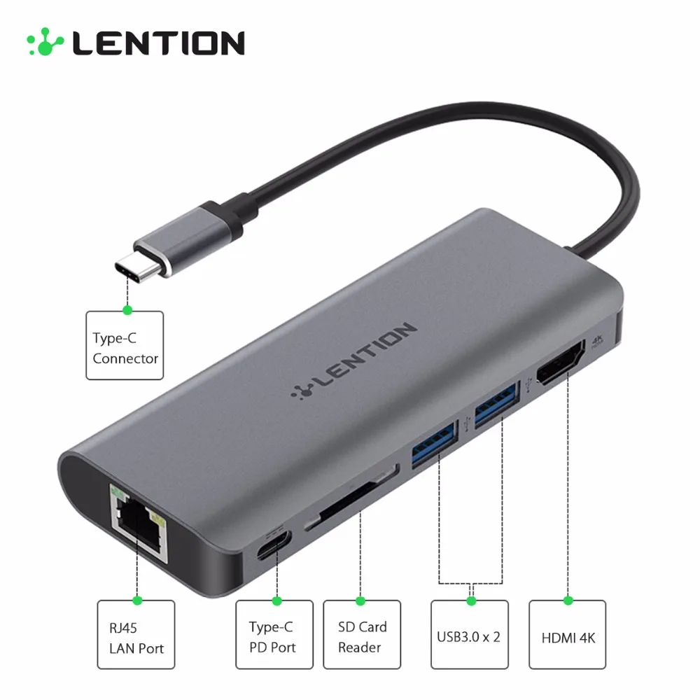 LENTION Тип-C адаптер USB-C концентратор к PD USB3.0 HDMI RJ45 LAN Gigabit Ethernet SD Card Reader все в 1