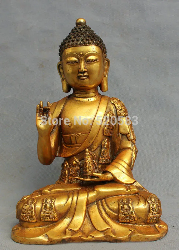 

free 12" Tibet Bronze Gilt Buddhism Shakyamuni Sakyamuni Buddha Hold Stupa Statue fast