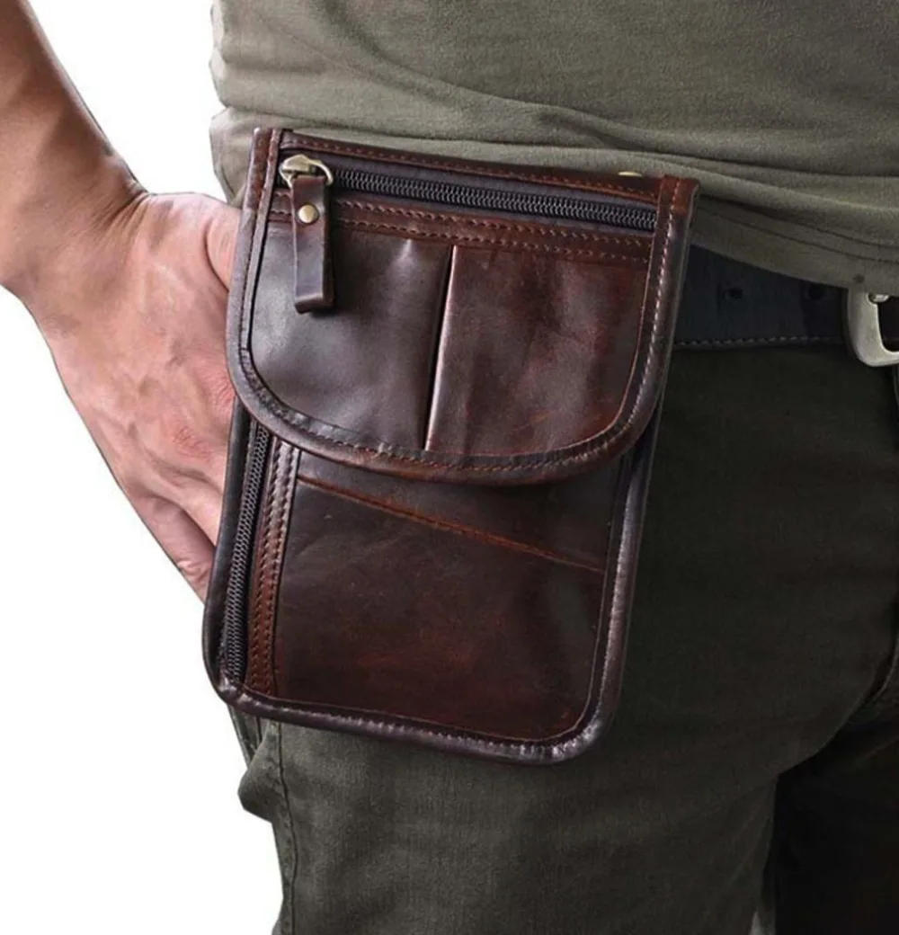 Goede 2018 Mannen Olie wax Lederen Koeienhuid Riem Fanny Taille Pack Mobiele Mobiele Telefoon Portemonnee Hip Messenger Schoudertassen dropShipping