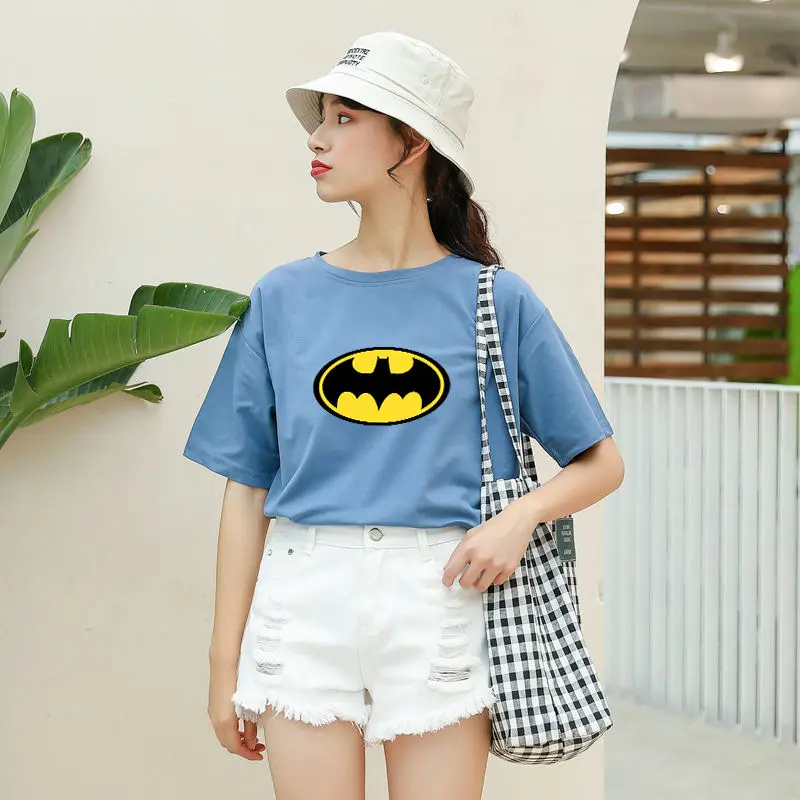 Летние новые женские повседневные футболки с коротким рукавом из хлопка Harajuku Kawaii Batman с принтом из мультфильма Топы уличная футболки tumblr рубашка Femme - Цвет: Синий