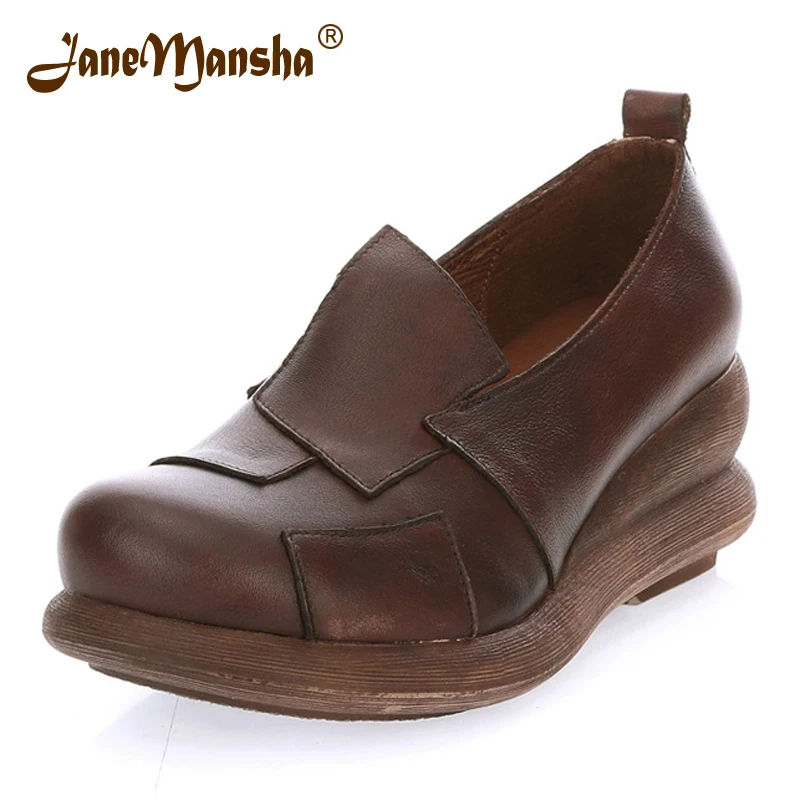 

JaneMansha Autumn Women Flats RETRO Genuine Leather Stitched Solid Plain Slip On Round Toe Handmade 2CM Flat Platform RWFS102
