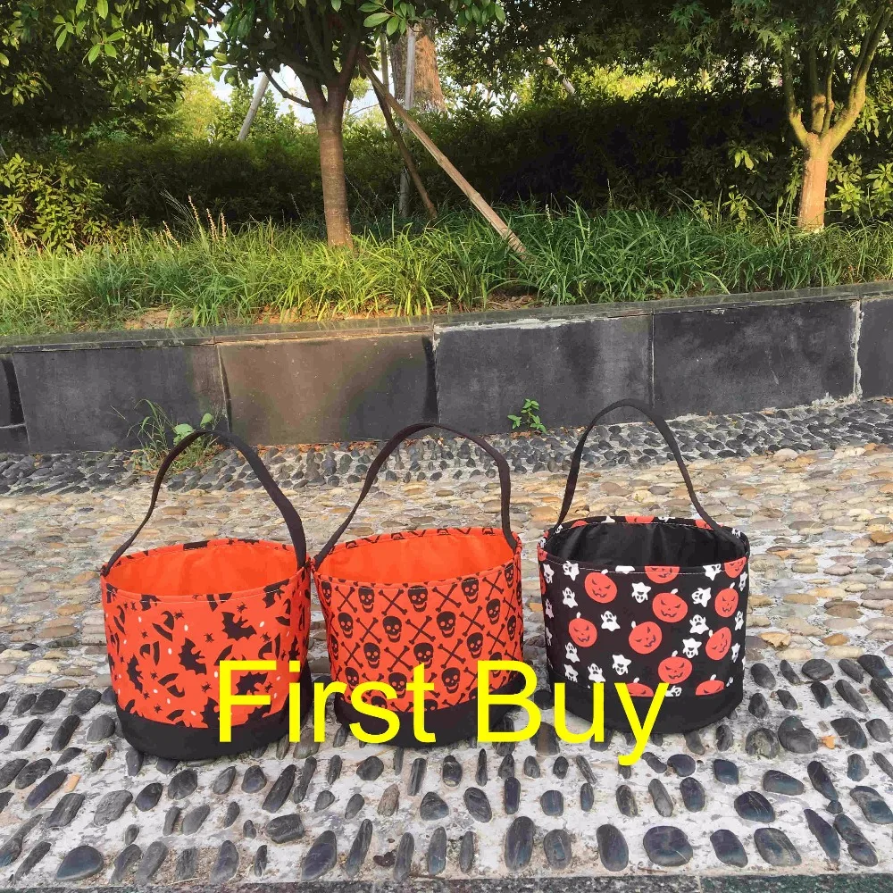 

10pcs/lot free shipping New arrival Halloween bucket basket tote 7 styles mixed Dot Chevron Skull Treat or Trick halloween bag